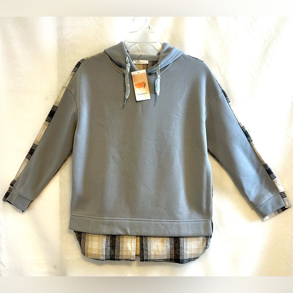 NWT Grey Pullover Hoodie with a Plaid Flannel Inlay on the Sleeves and Bottom